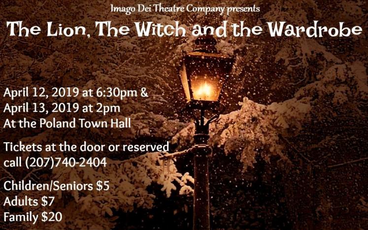 Imago Dei Theatre Company presents The Lion, The Witch and the Wardrobe on Friday, April 12 at 6:30pm and Saturday, April 13 at 